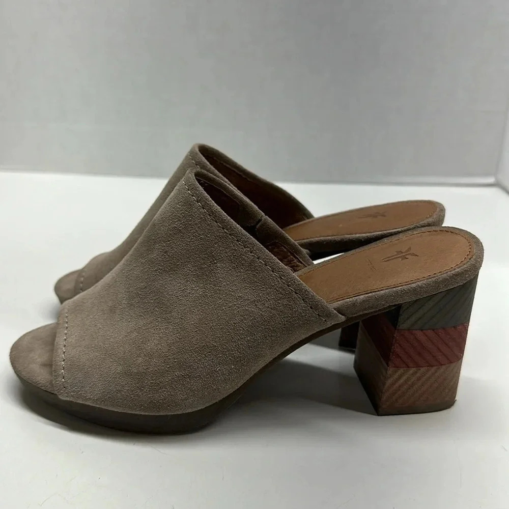 Frye Blake Heeled Mules Chevron Leather Suede Slip On Block Ash Brown Size 6.5